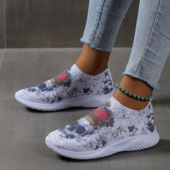 Women's Skull Pattern Slip On Sneakers Lightweight Shoes Halloween Shoes