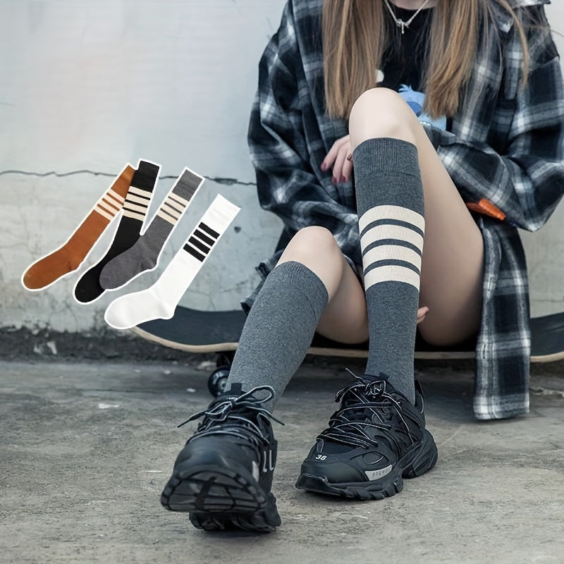 4 Pairs Striped Calf Socks Knee High Stockings
