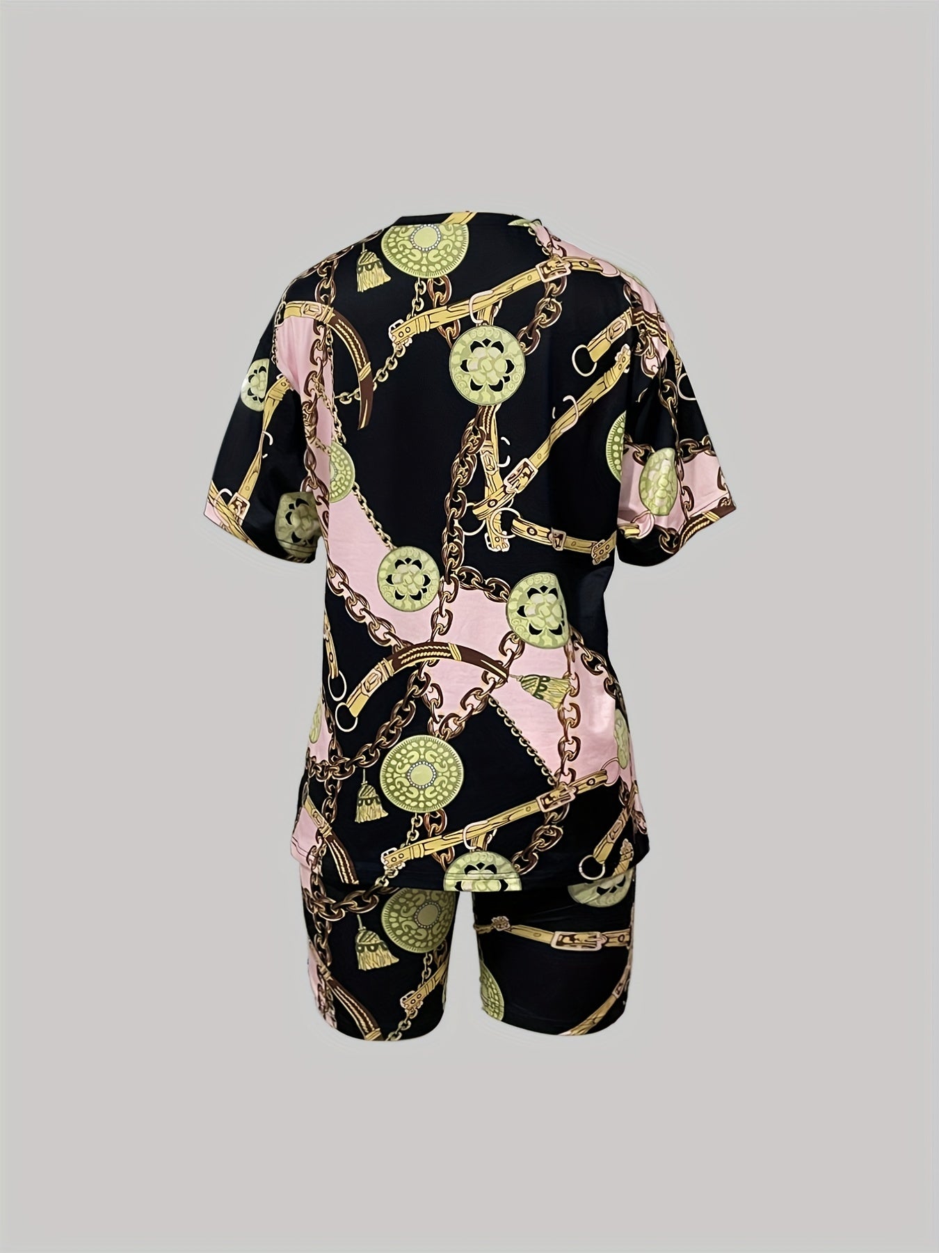 Chain Print Casual 2 pc Set Crew Neck Tops & Slim Shorts Outfit