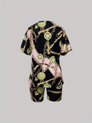 Chain Print Casual 2 pc Set Crew Neck Tops & Slim Shorts Outfit
