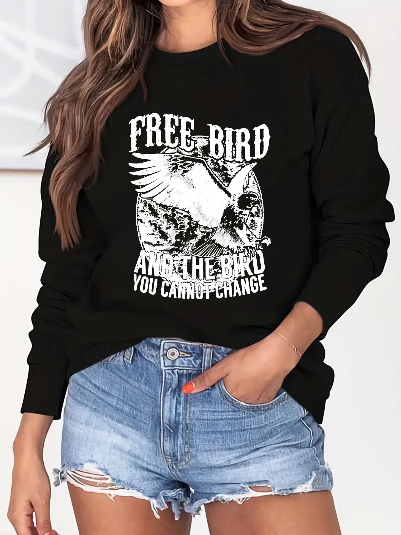 Eagle Print Sweatshirt Crew Neck Women's Clothing