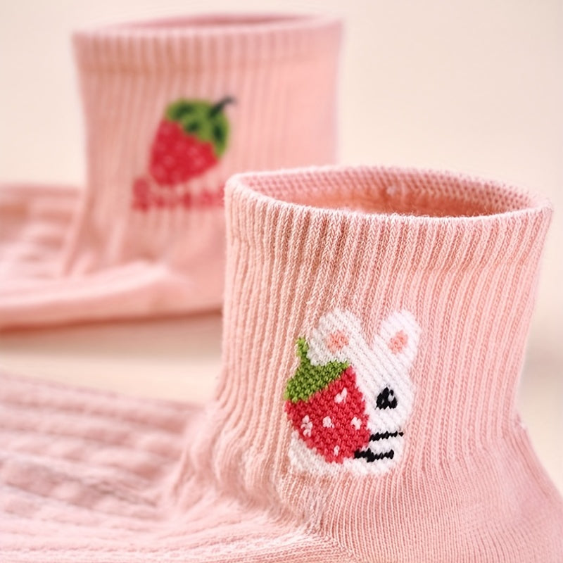 5 Pairs Strawberry Print Crew Short Socks Women's Stockings