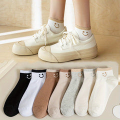 7 Pairs Smiling Print Women's Crew Short Socks Cute and Comfy Stockings Hosiery