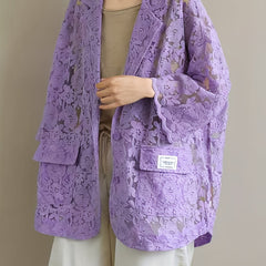 Lace Open Front Blazer Casual Lapel Blazer For Spring & Summer