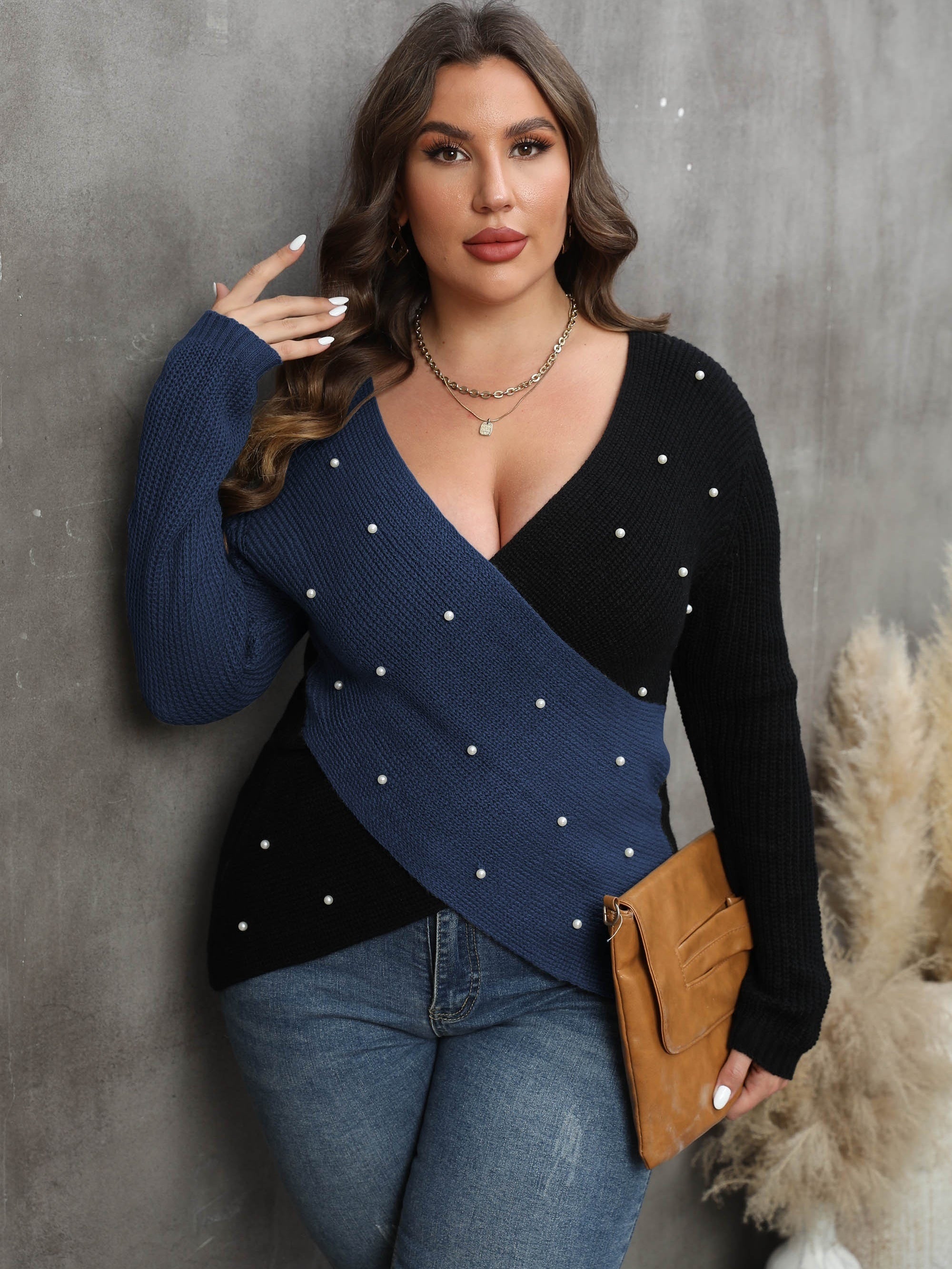Colorblock Faux Pearl Decor Sweater