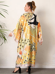 Boho Kimono Women's Plus Floral Print Long Sleeve Beach Cover-Up