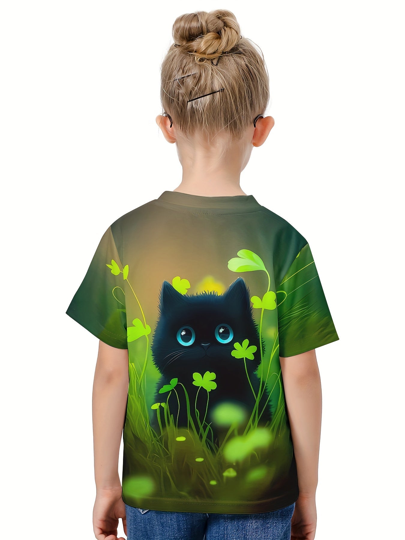 Girls Boys 3D Cat & Shamrock Graphic Tee Top