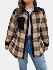 Colorblock Plaid Print Button Up Long Sleeve Shirt Coat