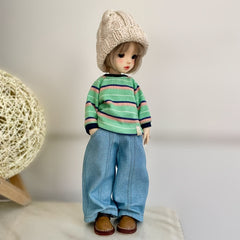Striped Sweater Jeans Girls Long Dress Doll Clothes Set