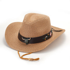 Vintage Cow Head Belt Straw Hat Cowboy Hat