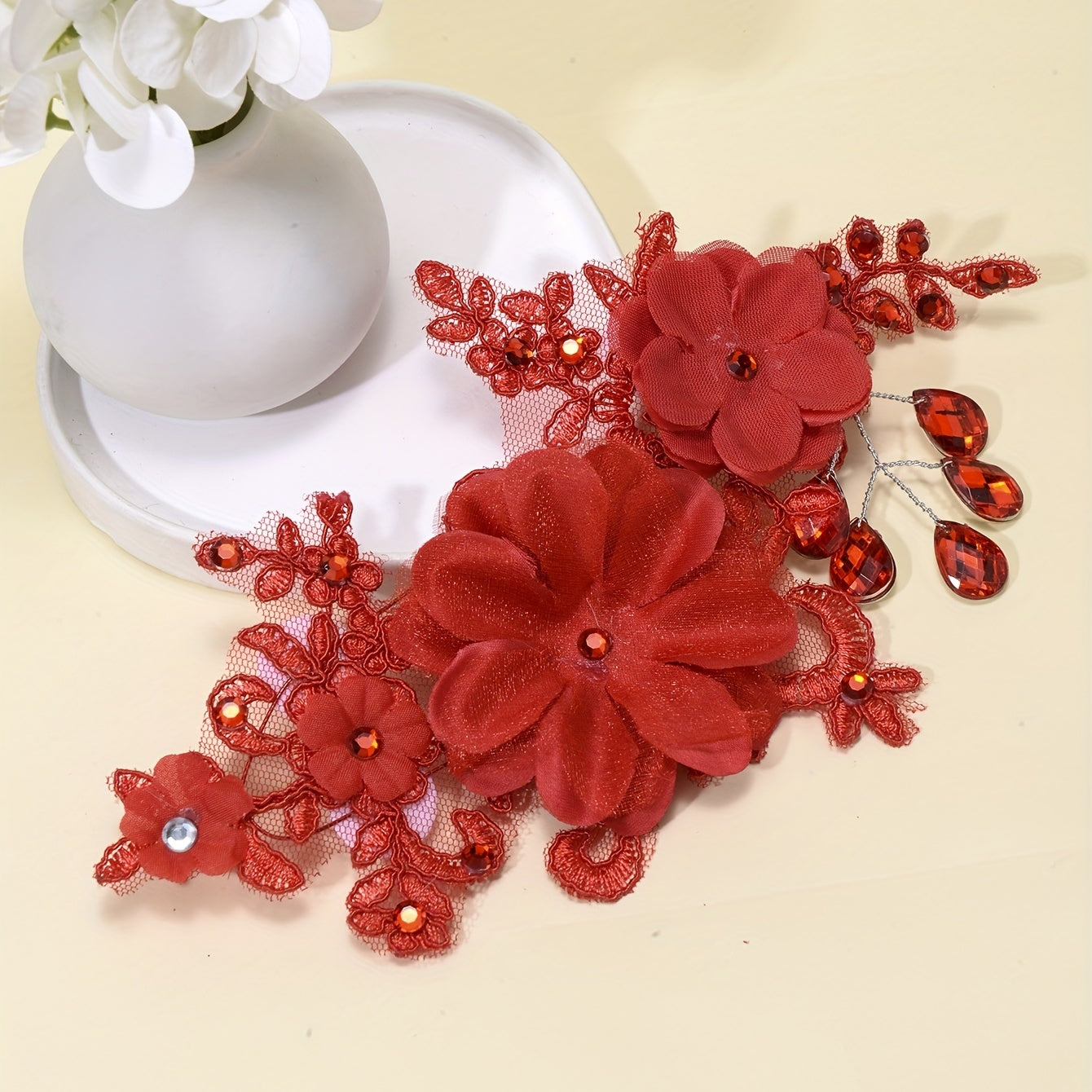 Red Flower Head Piece Rhinestone Bridal Hair Accessory