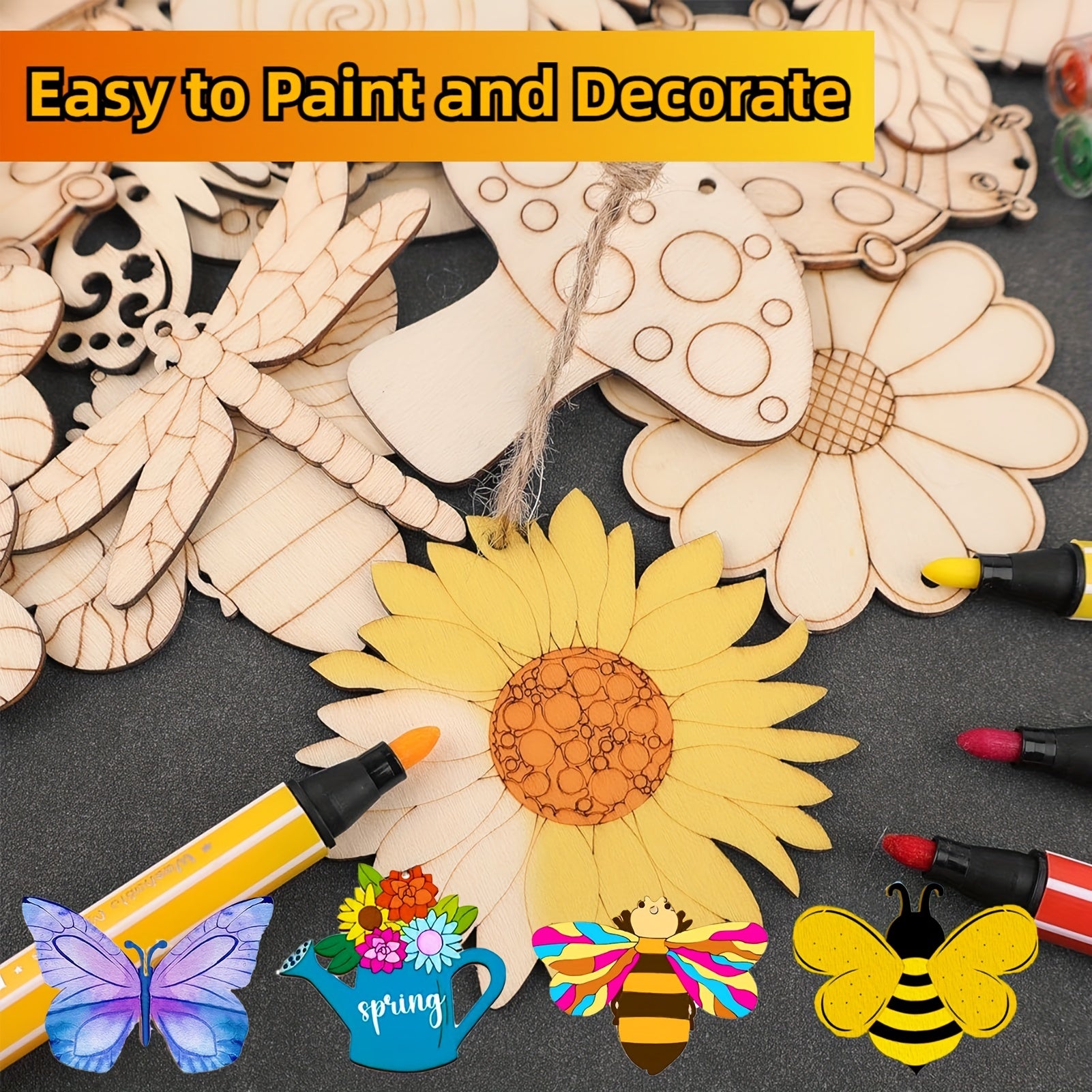 Insect Wooden Crafts Kids Set with 30pcs Blocks 12 Watercolor Pens 30 Ropes