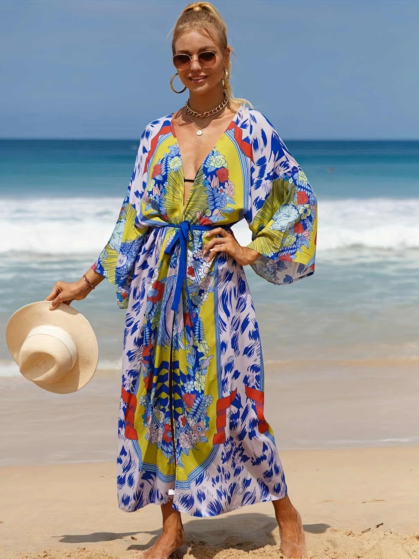 Plus Size Boho Kimono Women's Plus Painting Print V Neck Batwing Sleeve