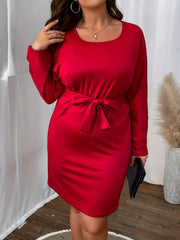 Solid Long Sleeve Round Neck Stretch Mini Belted Dress