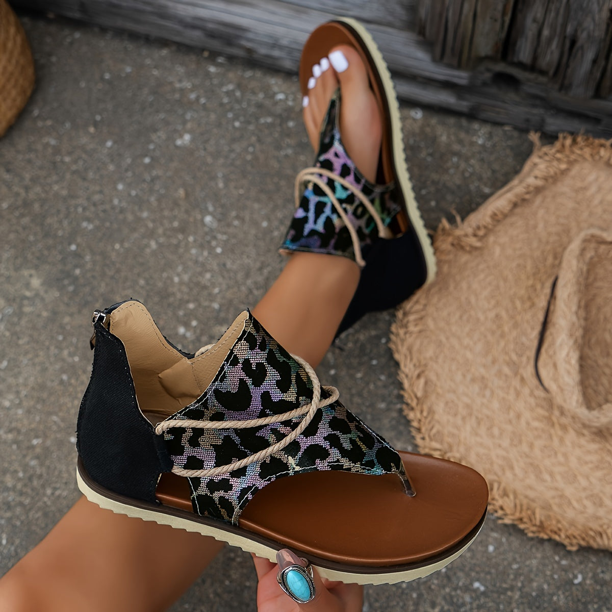 Women's Leopard Floral Print Clip Toe Sandals