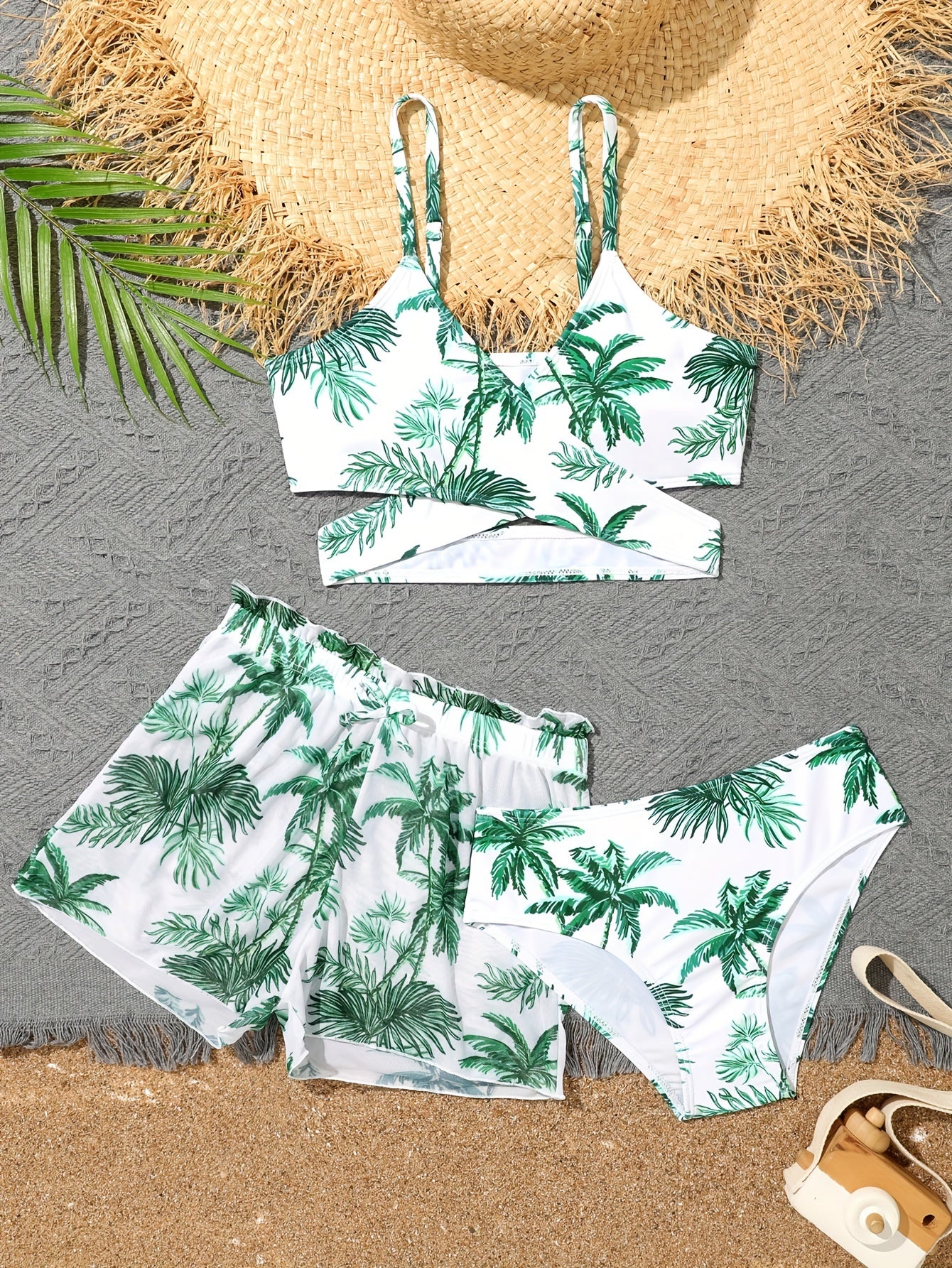 Girls 3pcs Split Bikini Swimsuit Tropical Leaf Pattern Casual Vacation Swimwear