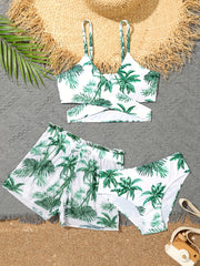 Girls 3pcs Split Bikini Swimsuit Tropical Leaf Pattern Casual Vacation Swimwear