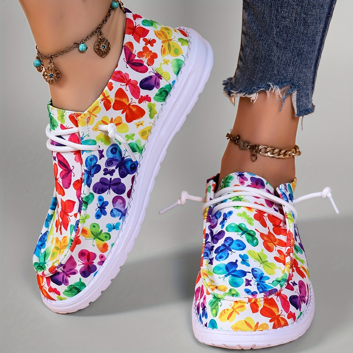 Colorful Butterfly Print Low Top Sneakers Lightweight Casual Shoes