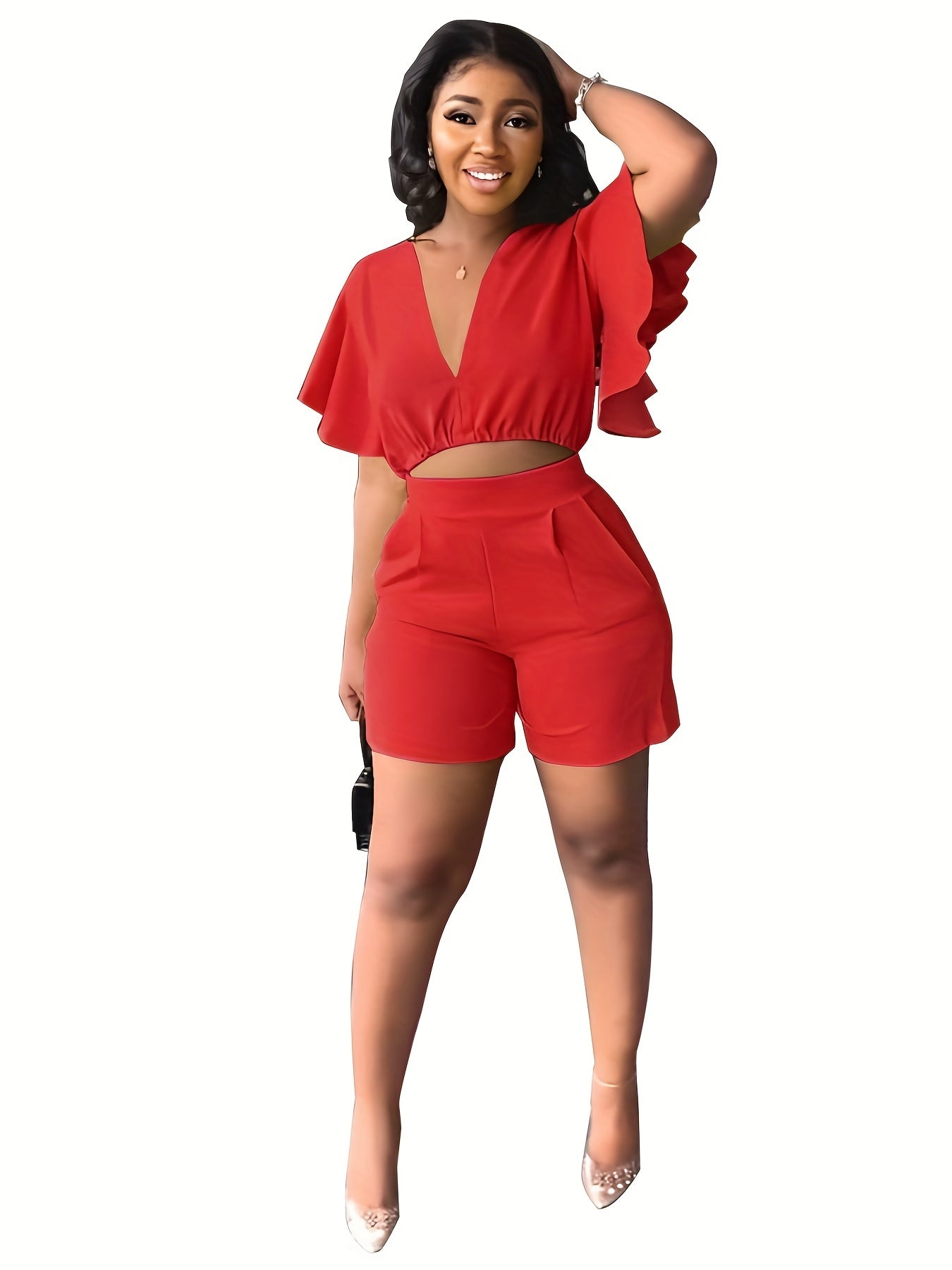Flutter Sleeve Crop Top & High Waist Shorts Set