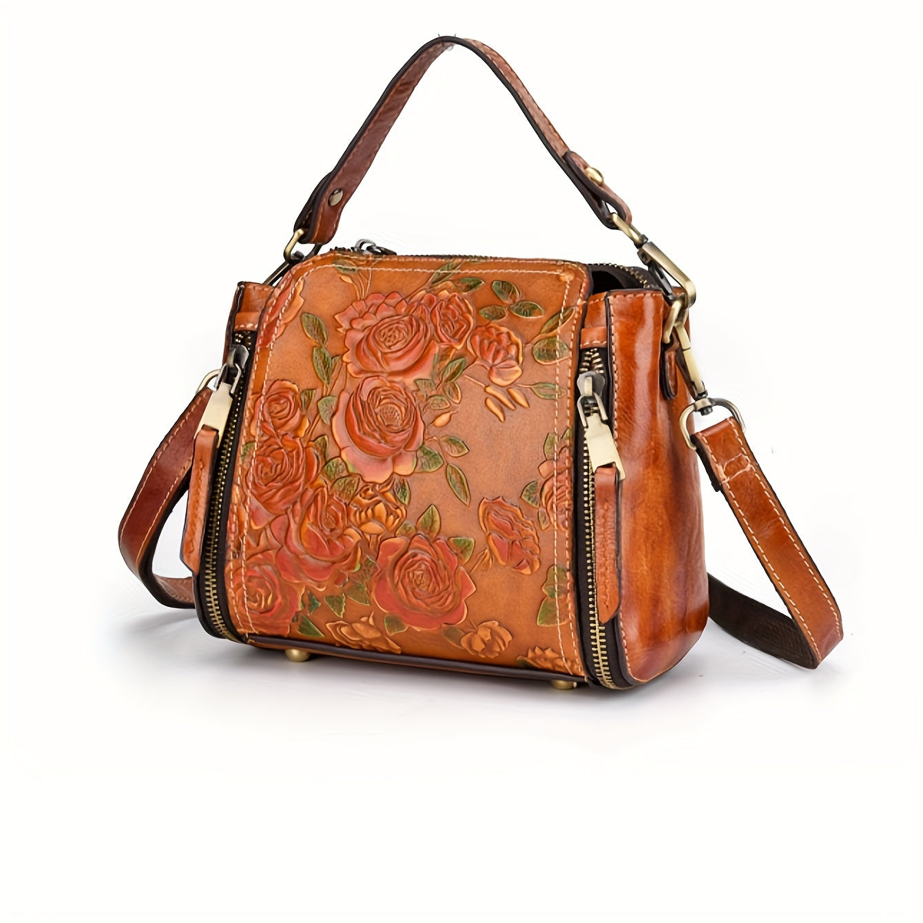Vintage Floral Hand Painted Women's Shoulder Bag Cowhide Leather Urban Style