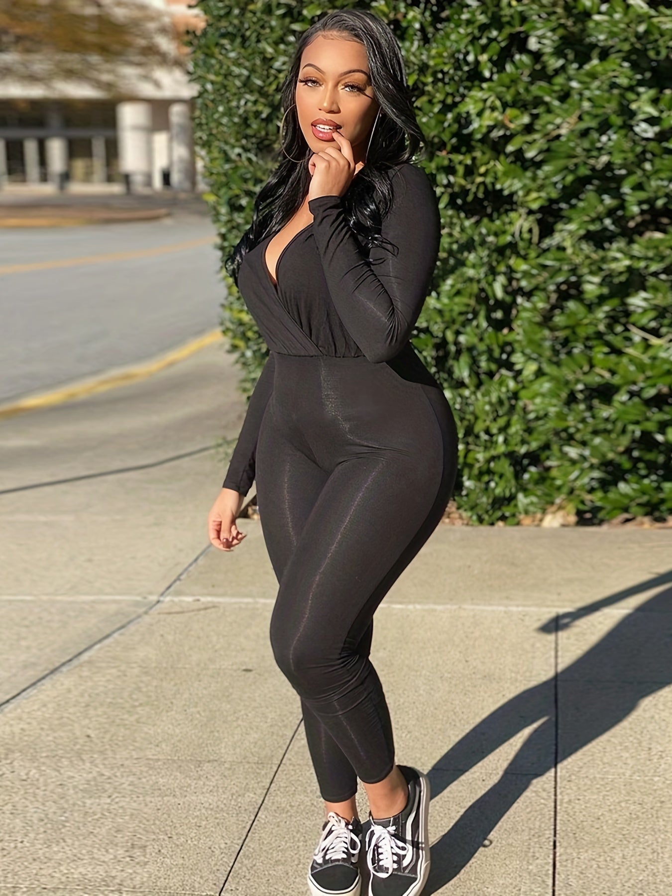 Long Sleeve Slim Jumpsuit V Neck Casual Jumpsuit Women's Clothing