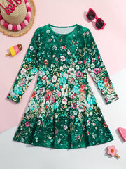 Casual Flower Print Long Sleeve Dress For Spring Fall Party