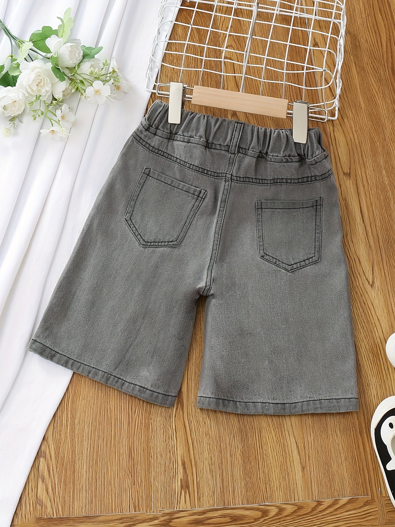 Girls Denim Shorts Elastic Waist Casual Loose Raw Trim Summer Clothes