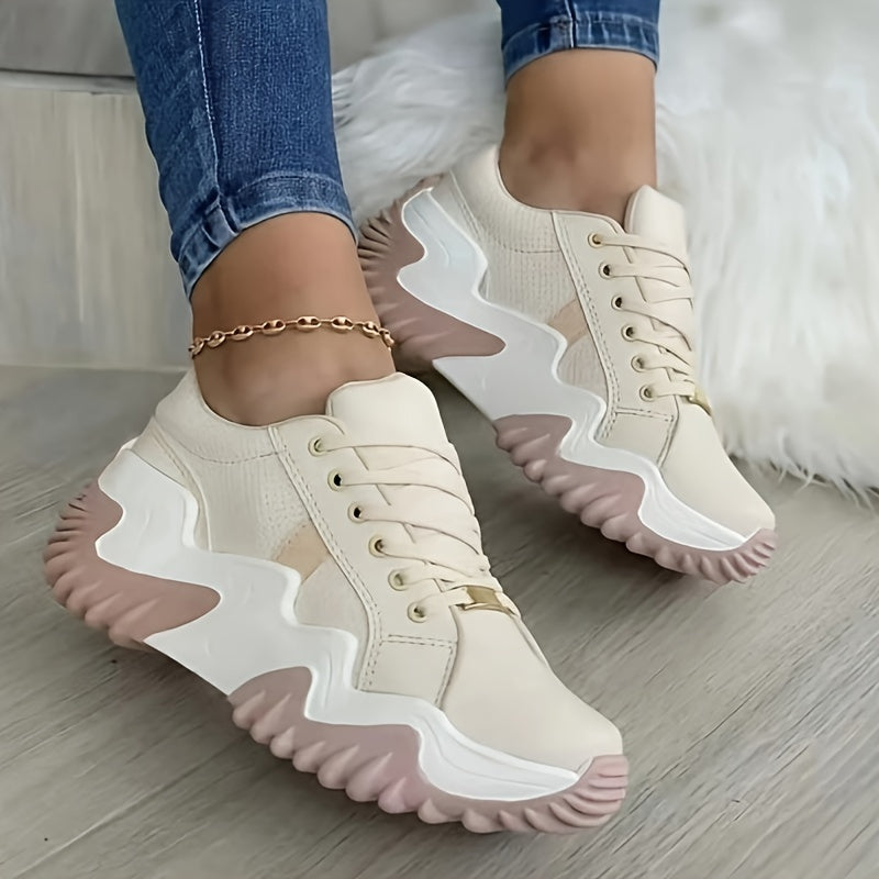 Women's Colorblock Platform Sneakers Round Toe Lace Up Sports Shoes