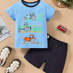 2pcs Boys Tractor Graphic Cotton T Shirt & Shorts Set For Summer