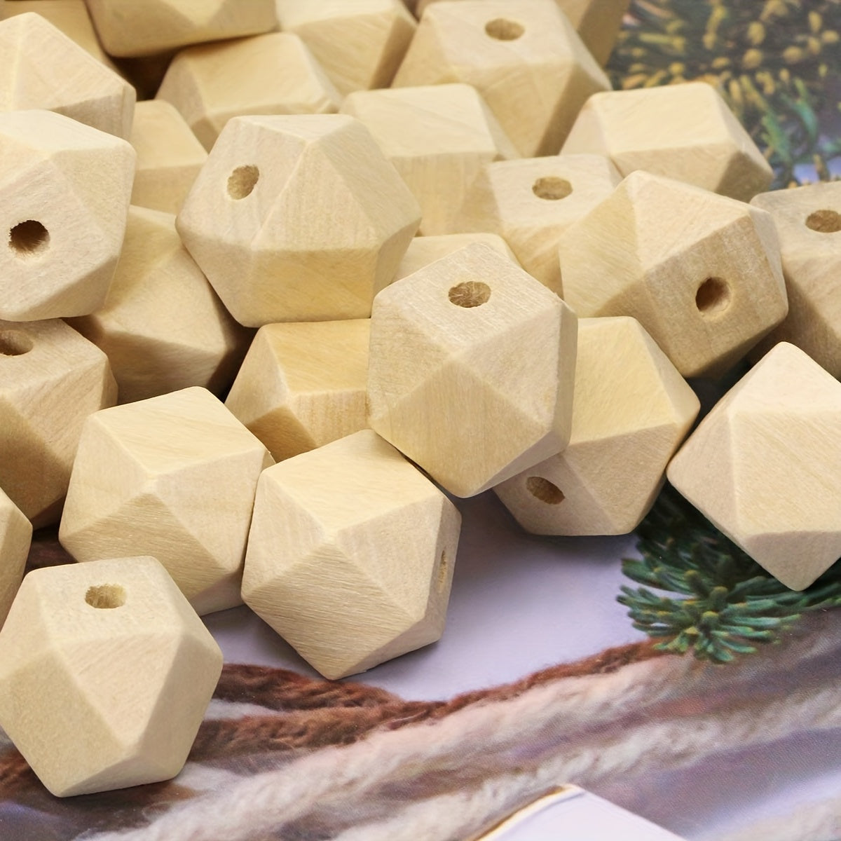 50PCS Faceted Geometric Wood Beads Natural DIY Wooden Spacer Beads
