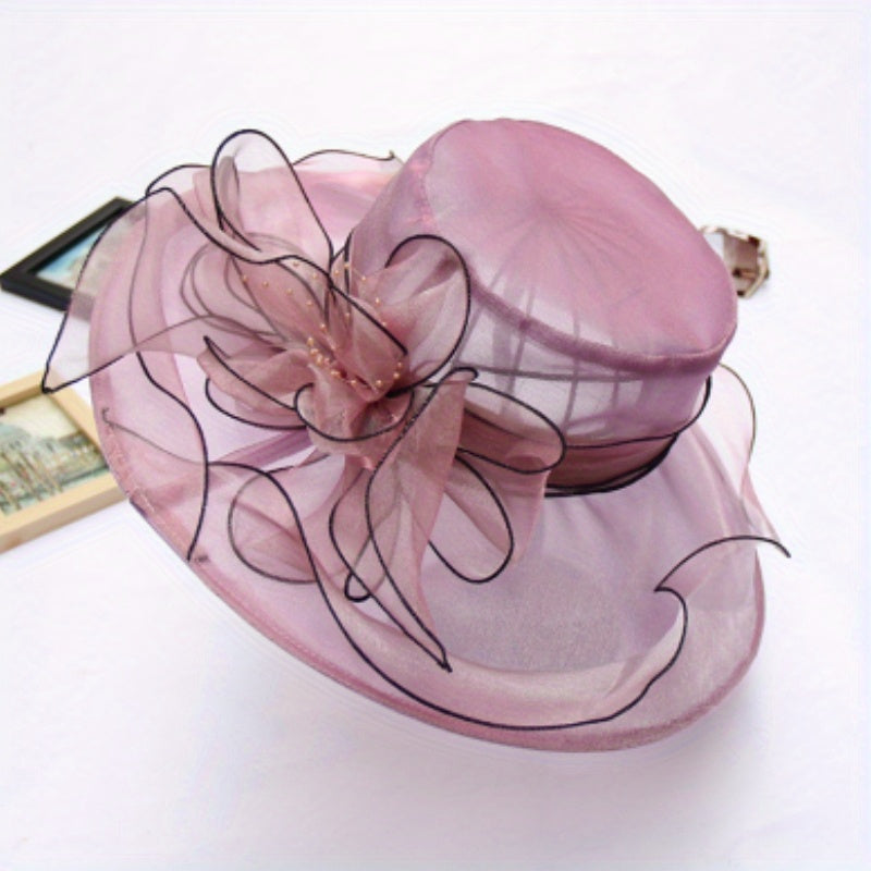 Wide Brim Organza Sun Hat Mesh Breathable Derby Church Hat Flower Decor
