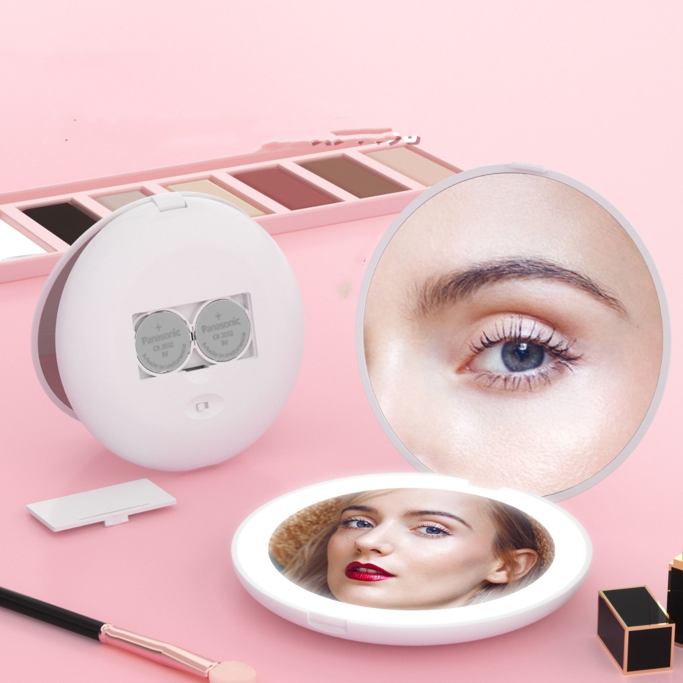 LED Lighted Pocket Mirror 1X 2X Magnification Compact Travel Makeup Mirror