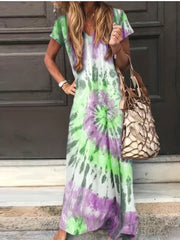 Tie Dye Short Sleeve V Neck Maxi Dress