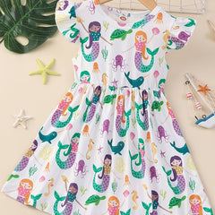 Girls Mermaid Princess Dress with Sea Animals Graphic