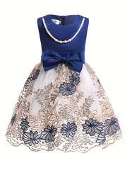 Girls Sleeveless Flowers Embroidery Mesh Princess Dress Gown