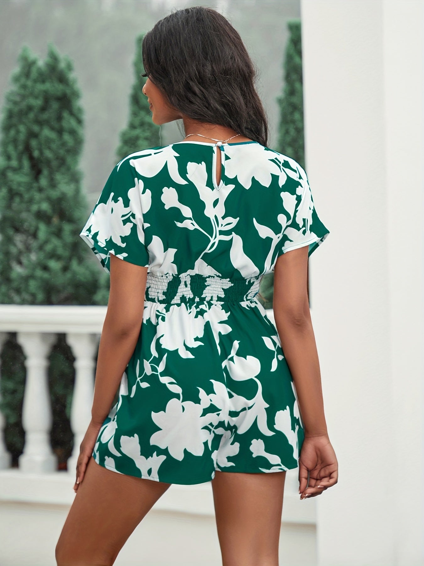 Floral Print Shirred Waist Romper Jumpsuit V-Neck Casual Women's Clothing