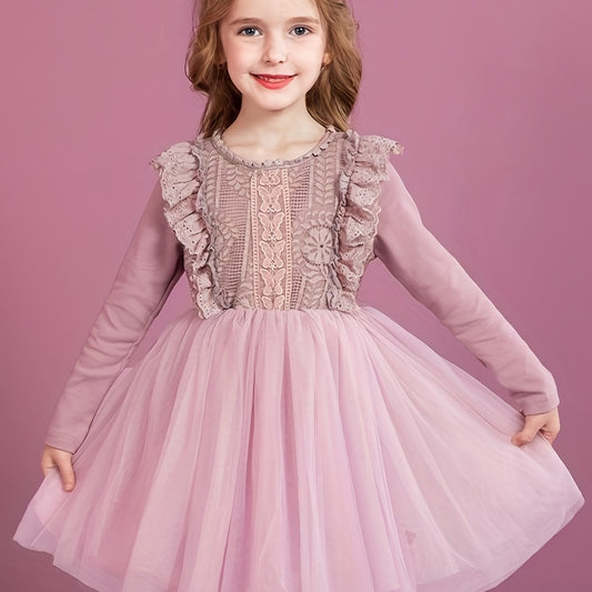 Girls' Butterfly Lace Tutu Dress Long Sleeve Birthday Princess Dress