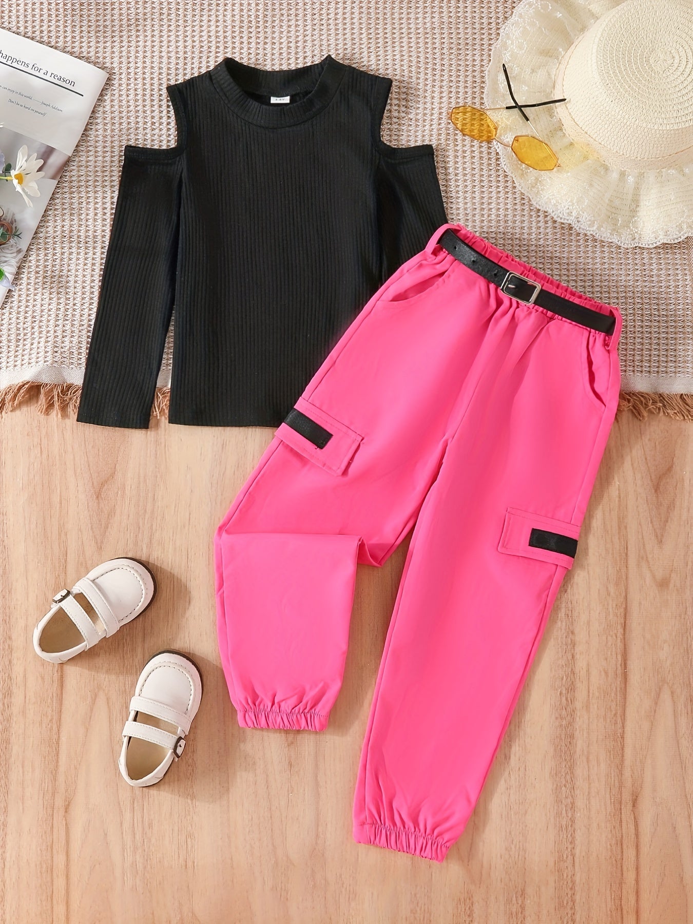Girl's 2pcs Ribbed Top & Cargo Pants Set Shoulder Cut Out Casual Outfits