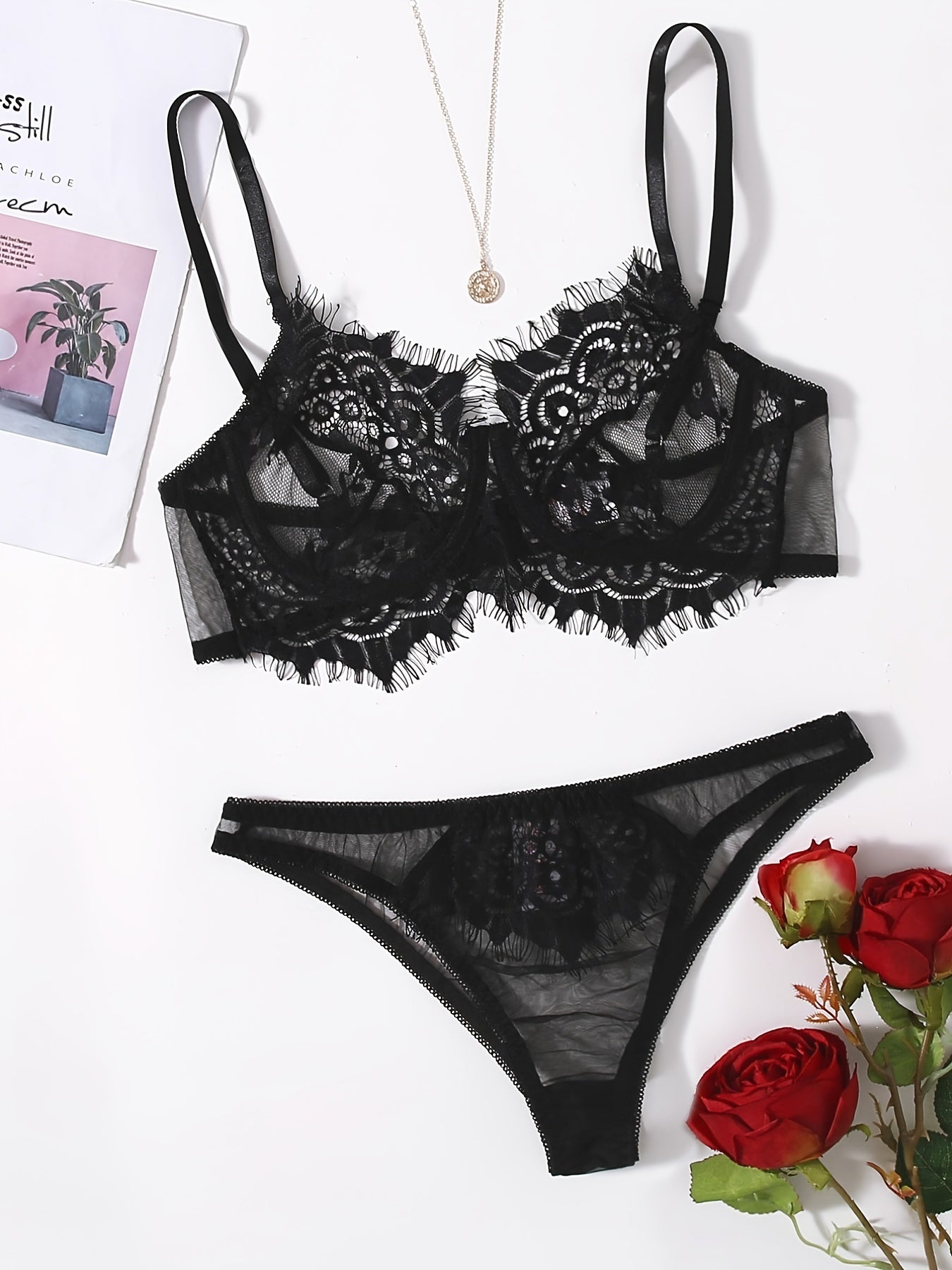 Lacy Trim Semi Sheer Lingerie Set Sexy Women's Underwear