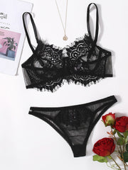 Lacy Trim Semi Sheer Lingerie Set Sexy Women's Underwear