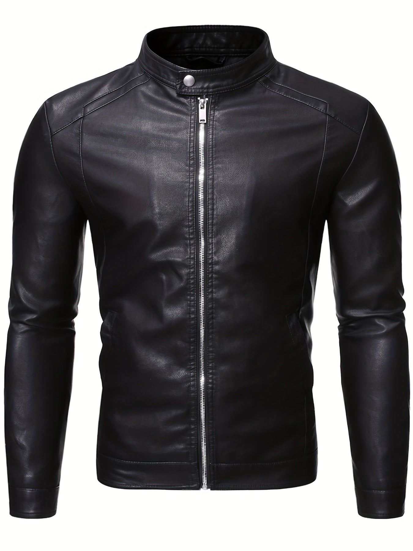 PU Biker Jacket Men's Casual Zip Up Faux Leather Jacket For Fall Winter