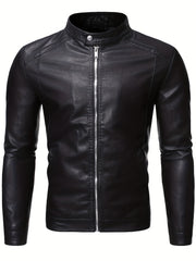 PU Biker Jacket Men's Casual Zip Up Faux Leather Jacket For Fall Winter