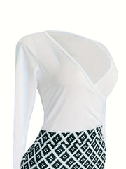 Geometric Print Surplice Neck Dress Long Sleeve Bodycon Dress