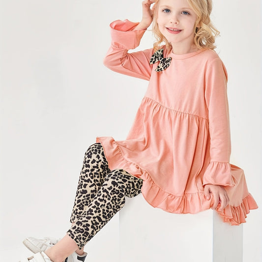 Leopard Pattern Ruffled Dress & Leggings Set for Girls