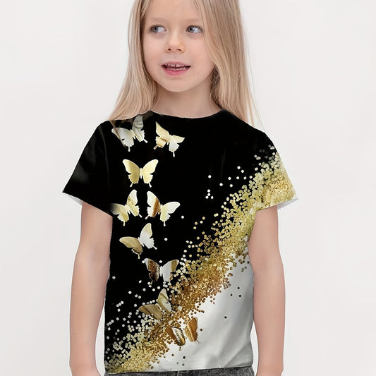 Girls 3D Butterfly & Sequin Print Graphic T-Shirt Short Sleeve Summer Top