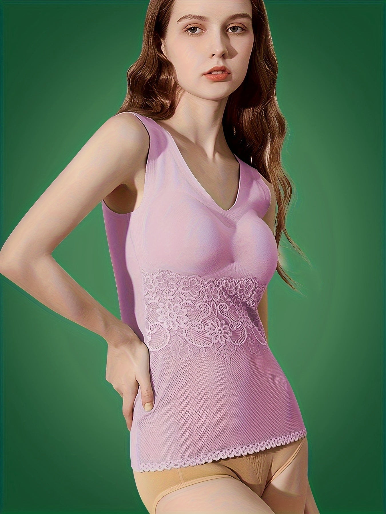 Lace Stitching Thermal Underwear V Neck Sleeveless Top
