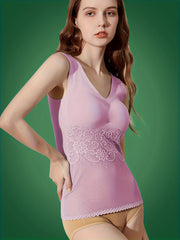 Lace Stitching Thermal Underwear V Neck Sleeveless Top