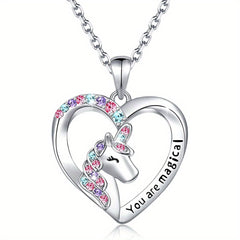 Heart Unicorn Pendant Necklace for Girls