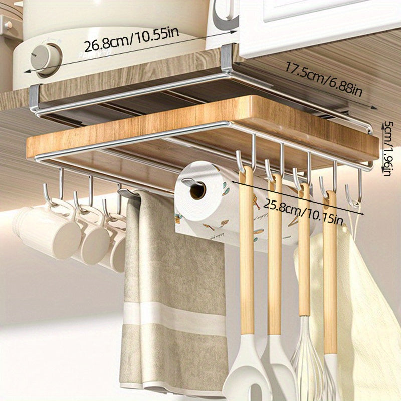 Stainless Steel Kitchen Storage Rack with Hooks and Paper Towel Holder