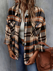 Button Plaid Drop Shoulder Jacket for Fall & Winter